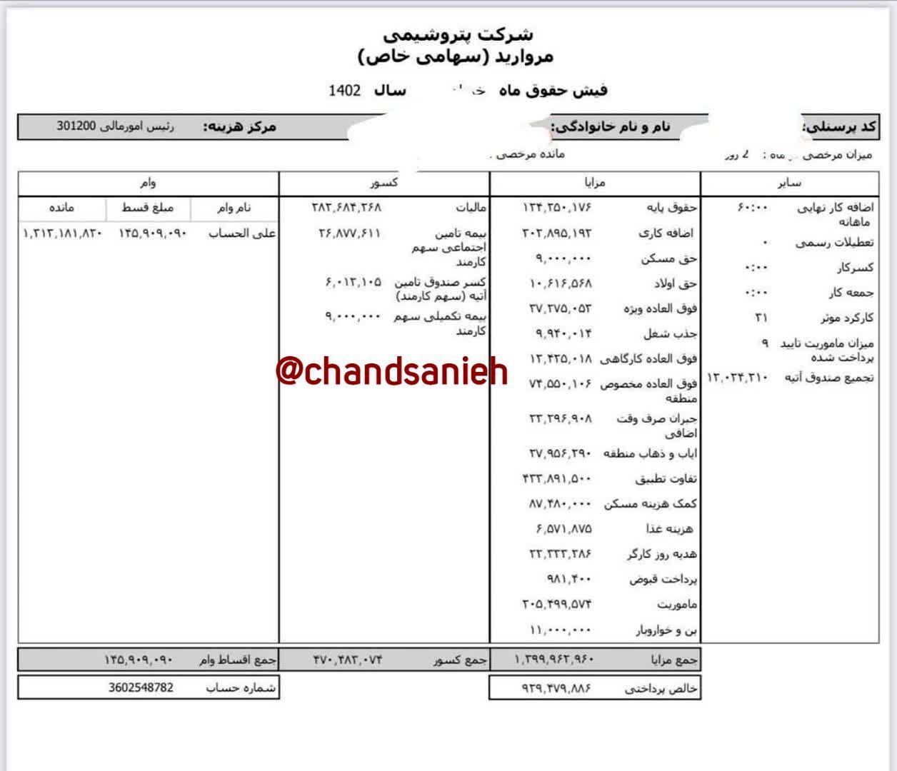 فیش حقوقی ۱۳۹ میلیونی یک کارمند پتروشیمی