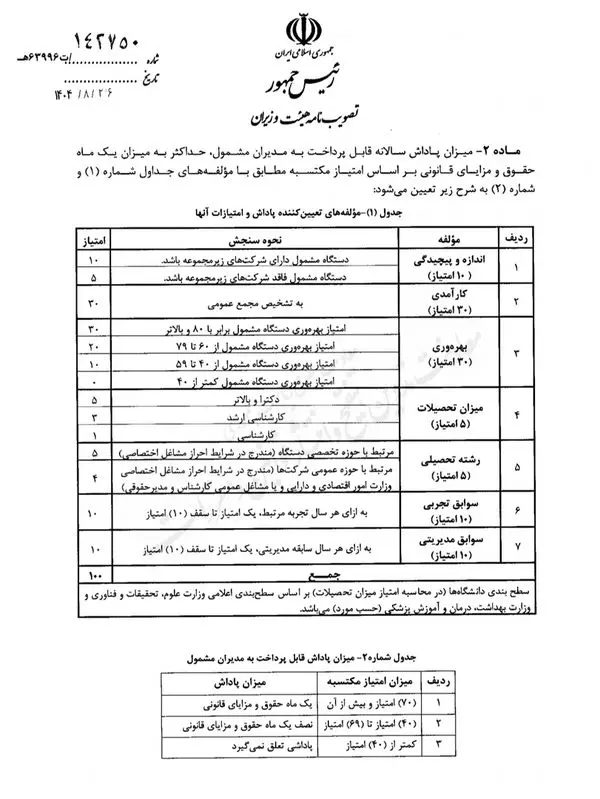 حداکثر پاداش مدیران دولتی مشخص شد + سند